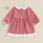 Toddler Baby Girls Valentine's Day Dress Heart Embroidery Plaid Long Sleeve