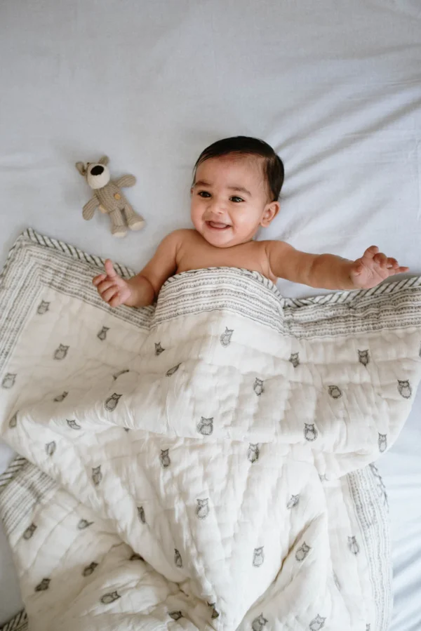 Owl Block Printed Baby Quilt