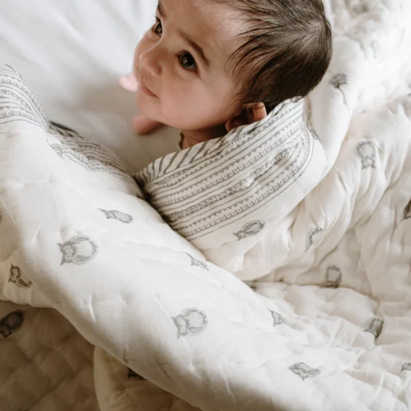 Owl Block Printed Baby Quilt